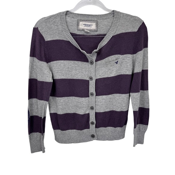 American Eagle Outfitters Sweaters - Vintage Y2K AEO Striped Cardigan Sweater Women's M Purple Gray Elbow Patch‎